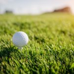 Close-up view of white golf ball on green grass