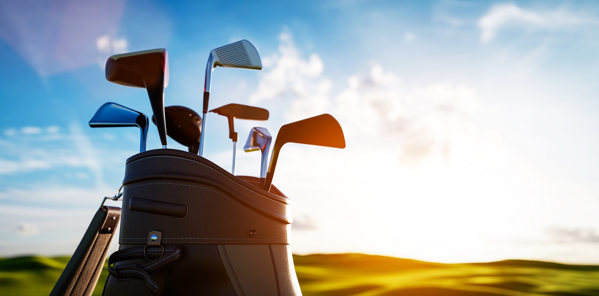 Golf clubs in bag at golf course resort